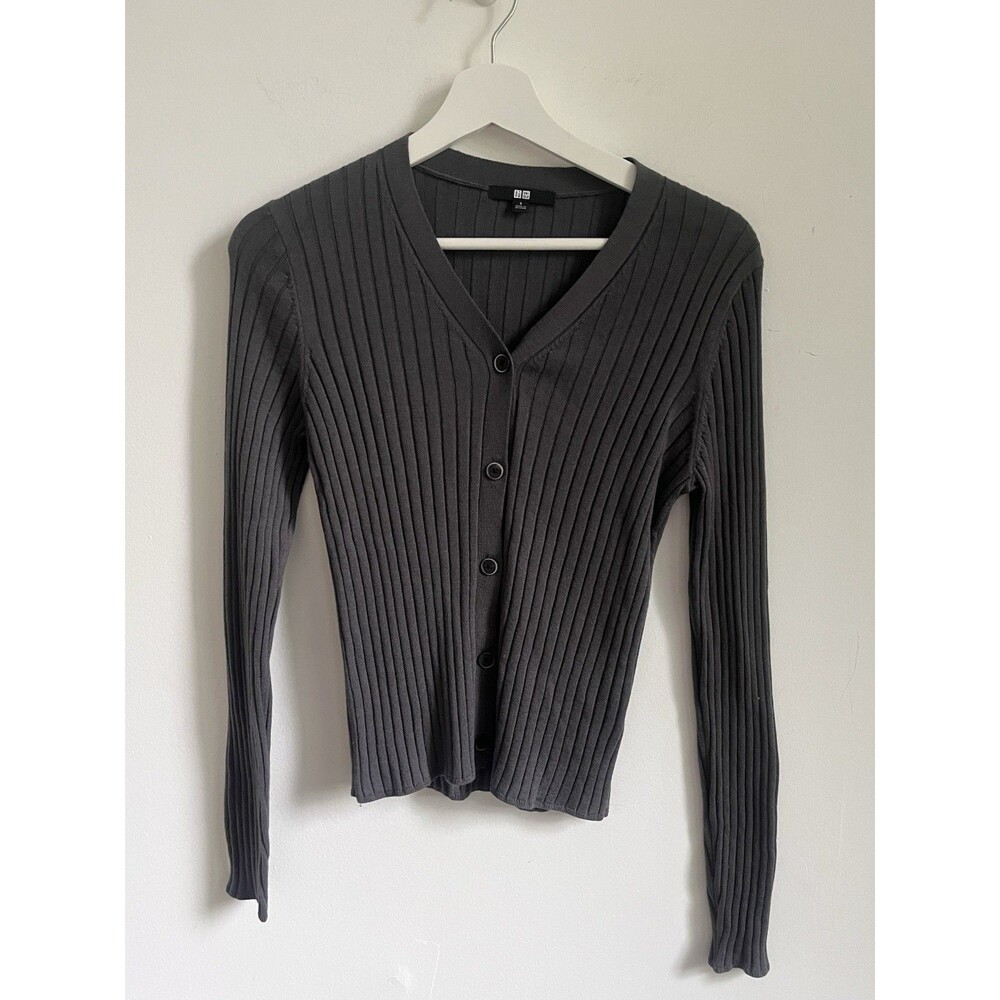 Uniqlo Lana Ribbed Cardigan Sweater Grey Sz Small Office Classic Career
